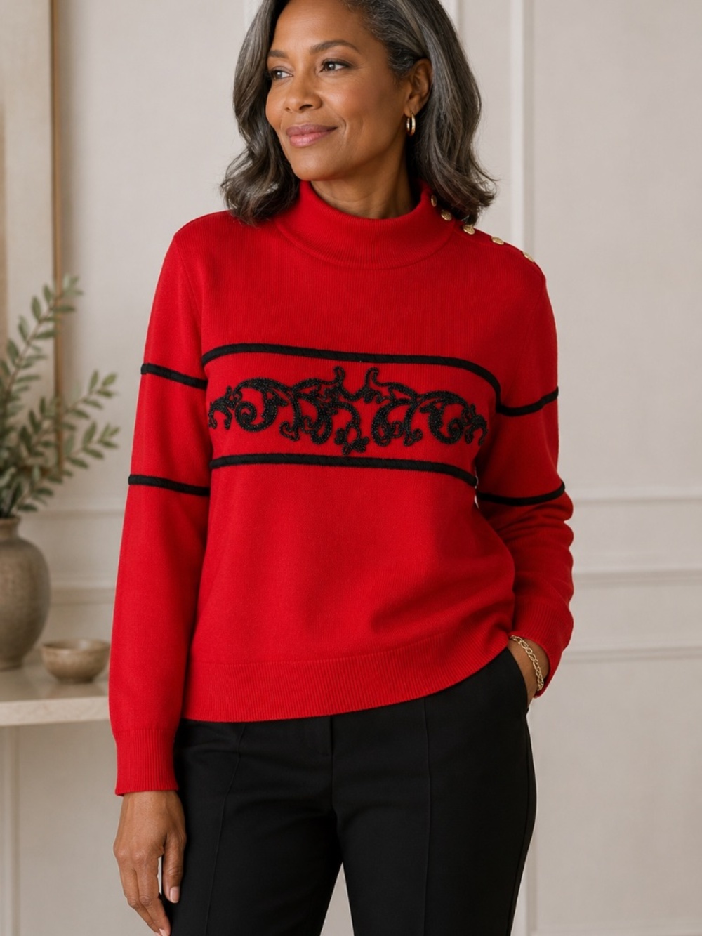 St. John Collection Red Santana Knit Sweater L Black Jewel Embroidery USA